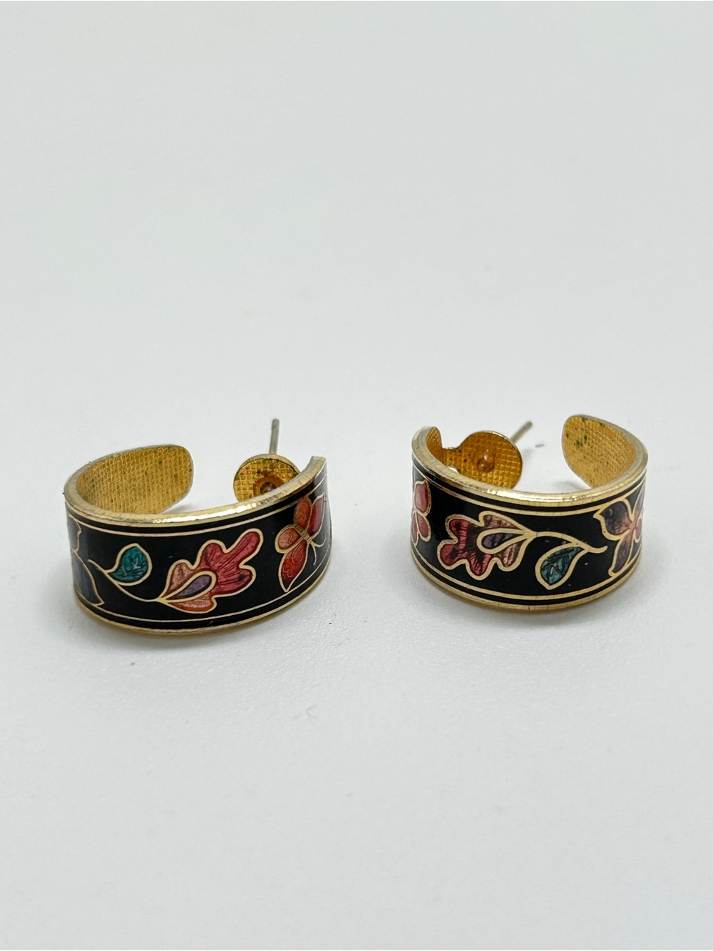 Vintage Gold Floral Cloisonné Hoop Earrings, Black, Pink, Green, Studs